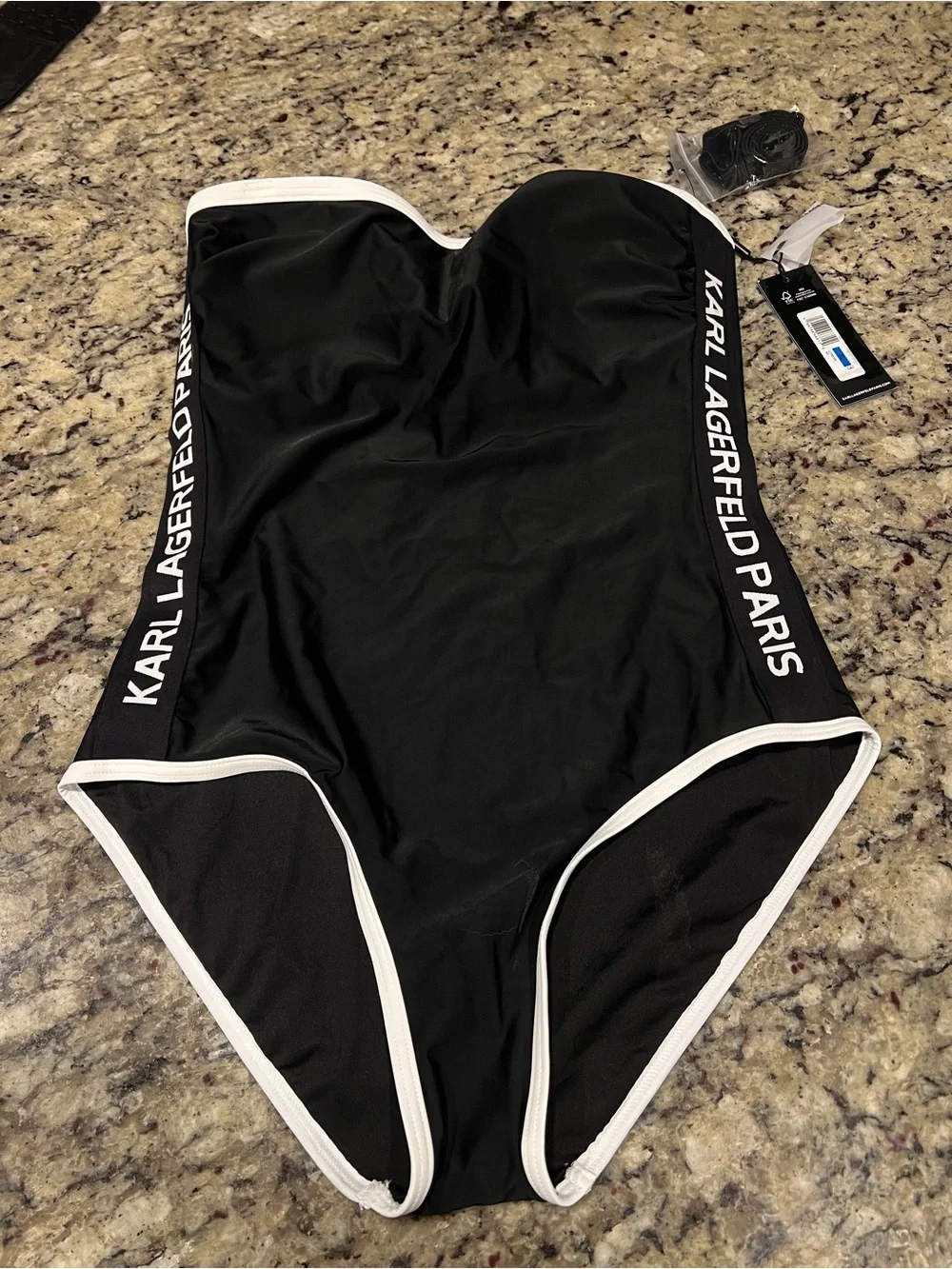 Karl Lagerfeld Black One-Piece Swimsuit with White Trim - Picture 1 of 4